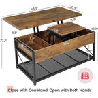 Table basse relevable avec étagère de rangement ouverte et rangement classifié caché