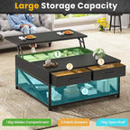 Table basse relevable avec étagère de rangement ouverte et rangement classifié caché