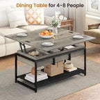 Table basse relevable avec étagère de rangement ouverte et rangement classifié caché