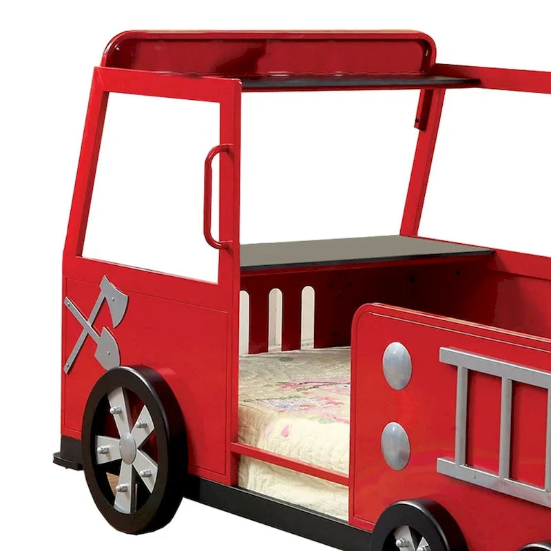 Lit jumeau design camion de pompiers en métal avec rangement caché, rouge et noir