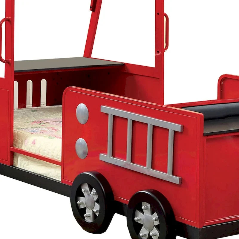 Lit jumeau design camion de pompiers en métal avec rangement caché, rouge et noir