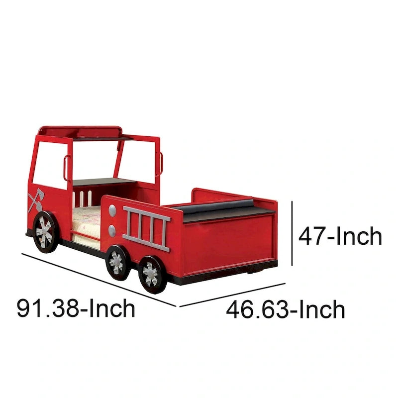 Lit jumeau design camion de pompiers en métal avec rangement caché, rouge et noir
