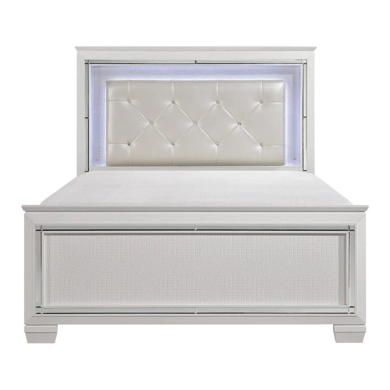 Lit Queen contemporain avec tête de lit capitonnée en cristal rétroéclairée par LED, blanc