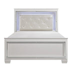 Lit Queen contemporain avec tête de lit capitonnée en cristal rétroéclairée par LED, blanc