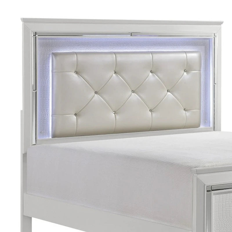 Lit Queen contemporain avec tête de lit capitonnée en cristal rétroéclairée par LED, blanc