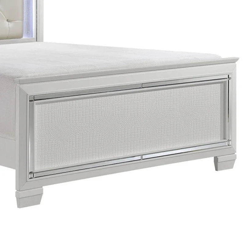 Lit Queen contemporain avec tête de lit capitonnée en cristal rétroéclairée par LED, blanc