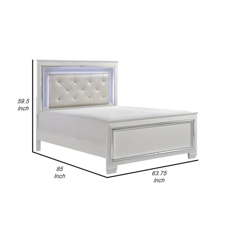 Lit Queen contemporain avec tête de lit capitonnée en cristal rétroéclairée par LED, blanc