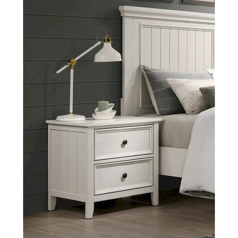 Lit de chambre et deux tables de chevet, finition blanc classique