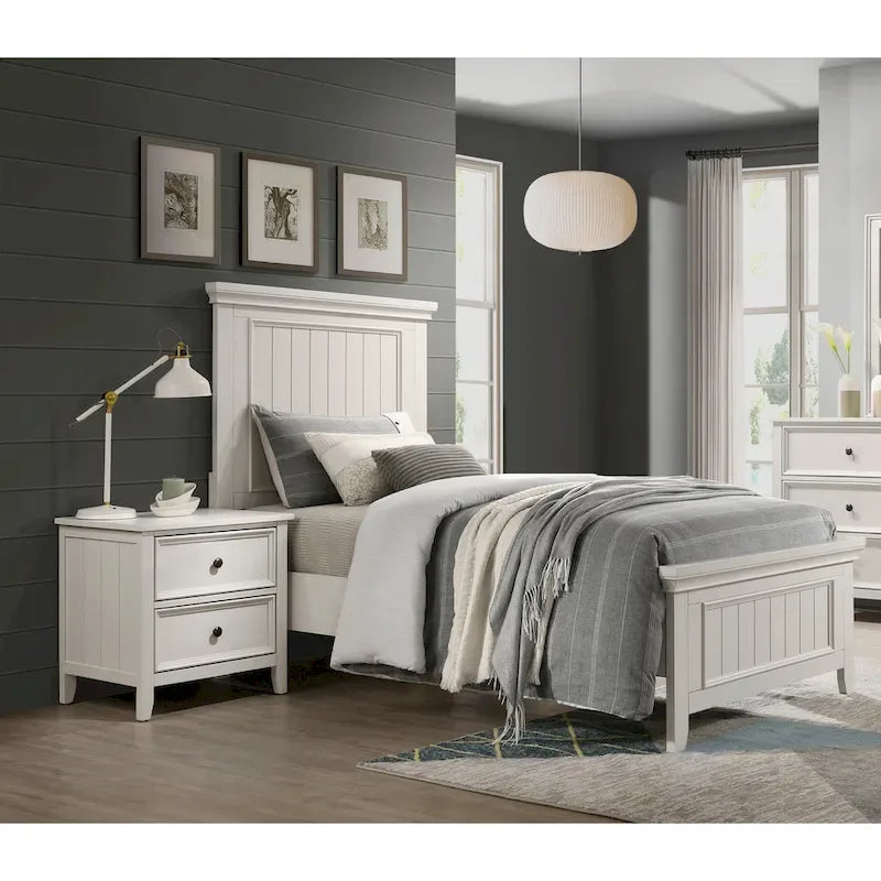Lit de chambre et deux tables de chevet, finition blanc classique
