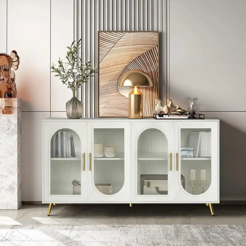 Bahut / Buffet Mid-Century Moderne de 152 cm de large avec portes en verre trempé cannelé et étagères réglables