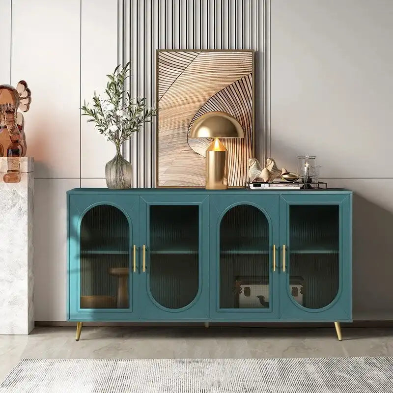 Bahut / Buffet Mid-Century Moderne de 152 cm de large avec portes en verre trempé cannelé et étagères réglables