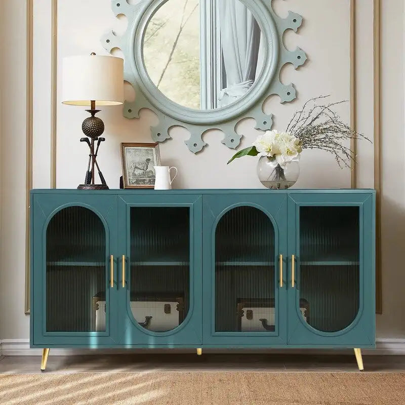 Bahut / Buffet Mid-Century Moderne de 152 cm de large avec portes en verre trempé cannelé et étagères réglables