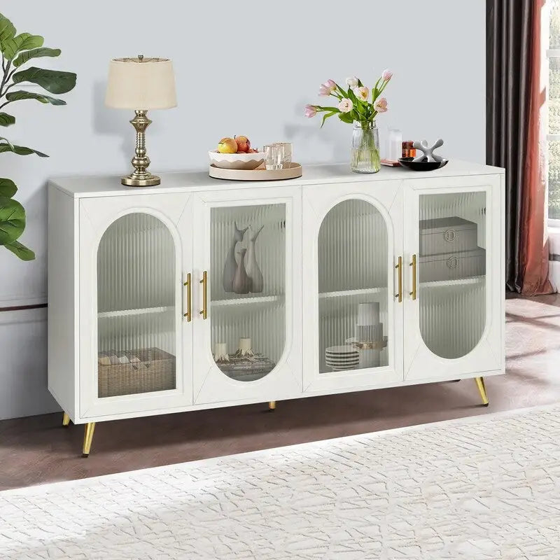 Bahut / Buffet Mid-Century Moderne de 152 cm de large avec portes en verre trempé cannelé et étagères réglables
