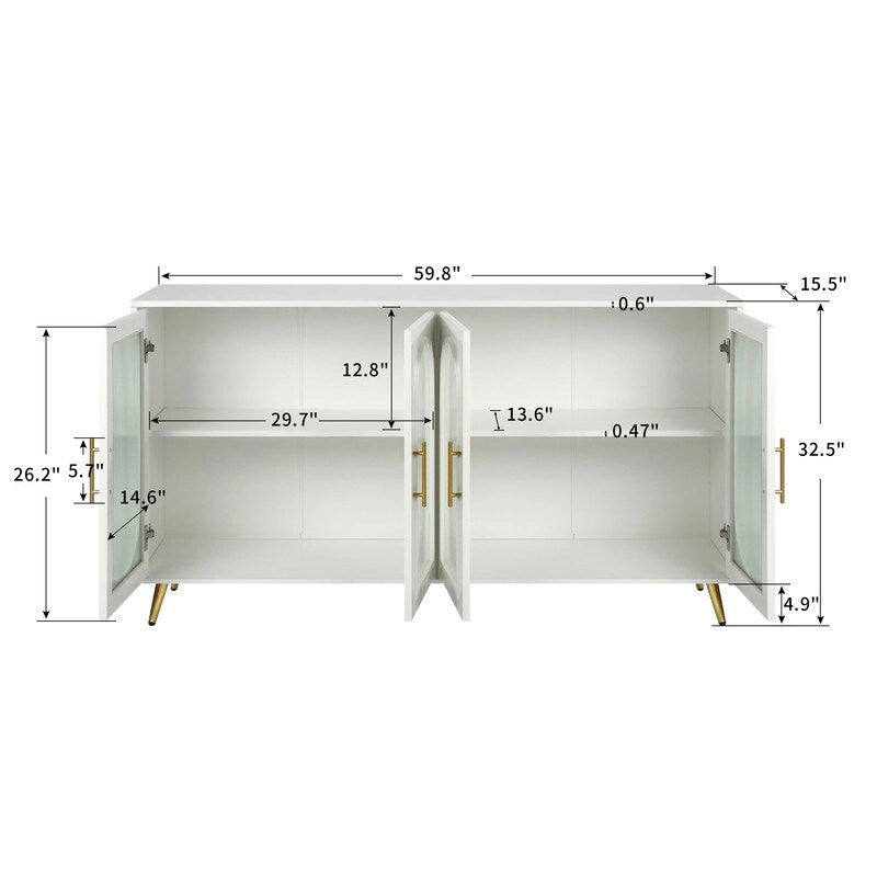 Bahut / Buffet Mid-Century Moderne de 152 cm de large avec portes en verre trempé cannelé et étagères réglables