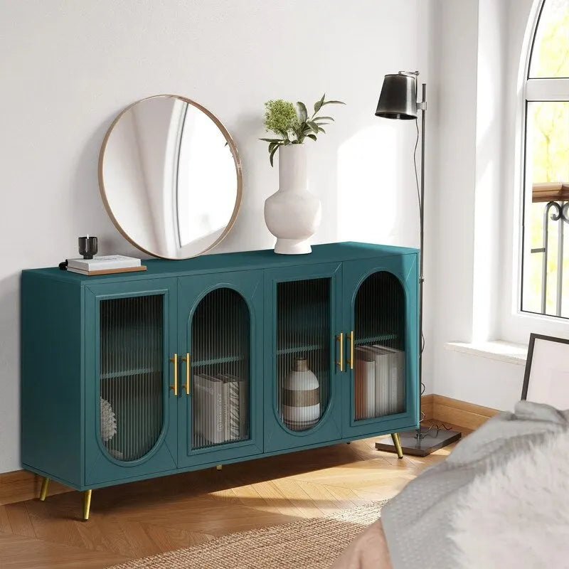 Bahut / Buffet Mid-Century Moderne de 152 cm de large avec portes en verre trempé cannelé et étagères réglables