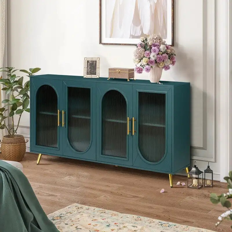 Bahut / Buffet Mid-Century Moderne de 152 cm de large avec portes en verre trempé cannelé et étagères réglables