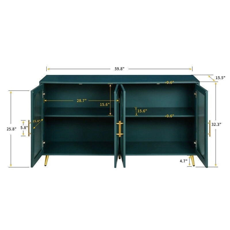 Bahut / Buffet Mid-Century Moderne de 152 cm de large avec portes en verre trempé cannelé et étagères réglables